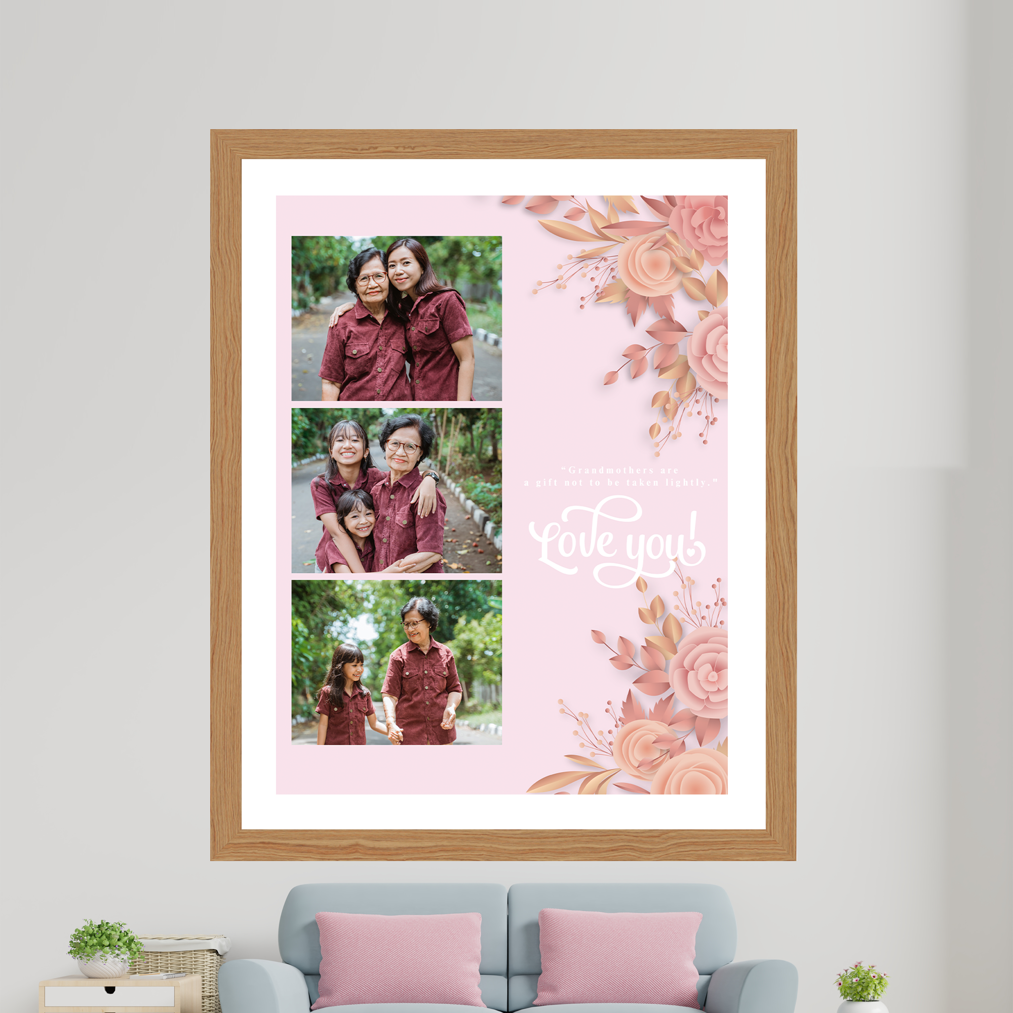 Three Photo Pink Floral Gallery Personalized Poster